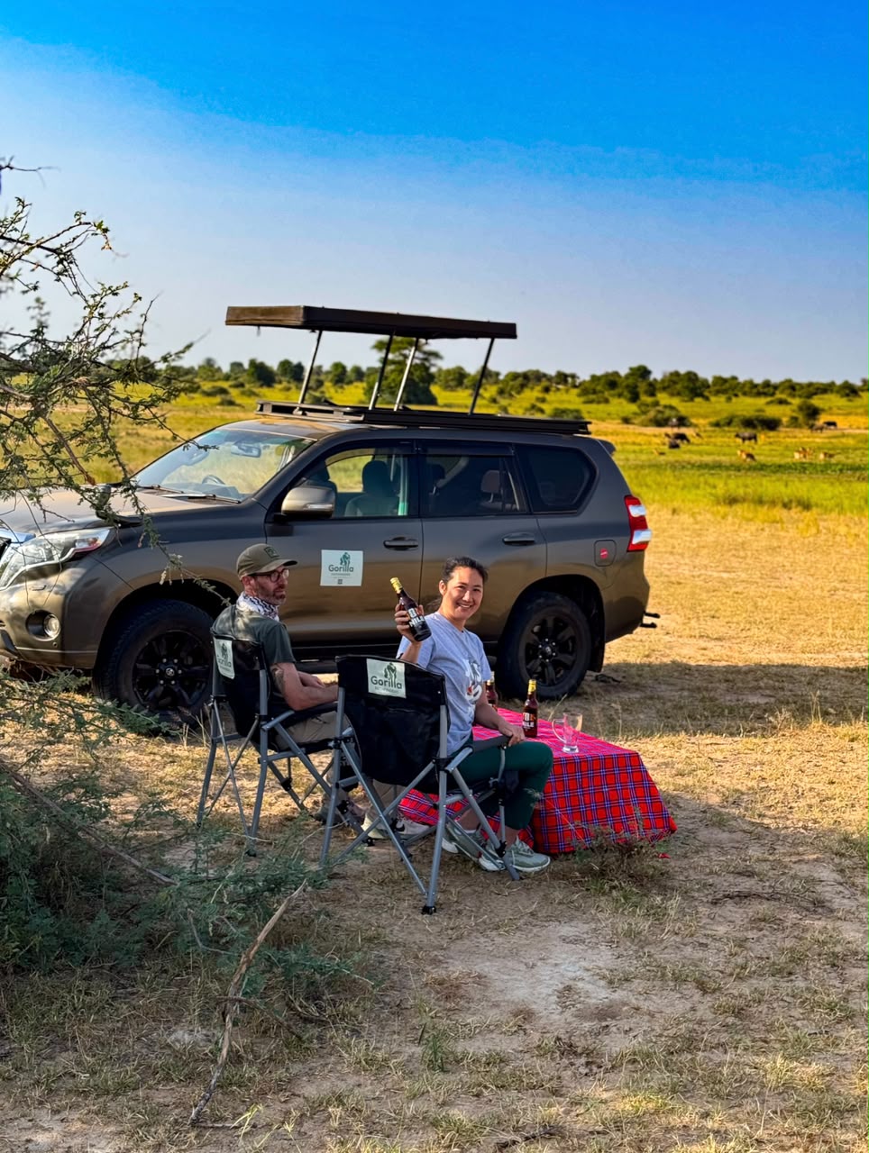 Smiling woman raising a bottled drink at a savannah sundowner beside a safari vehicle